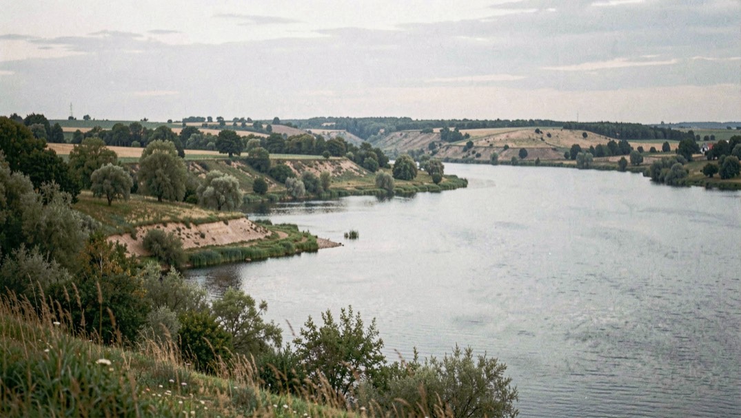 Widok o małkowie nad wartą, z wyraźnym planem pierwszym, spokojnym światłem i krajobrazem bez napisów, znaków ani elementów interfejsu.