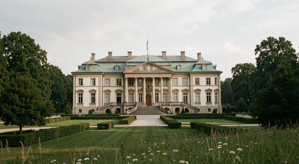 Widok pałac w małkowie: historia i architektura, z wyraźnym planem pierwszym, spokojnym światłem i krajobrazem bez napisów, znaków ani elementów interfejsu.