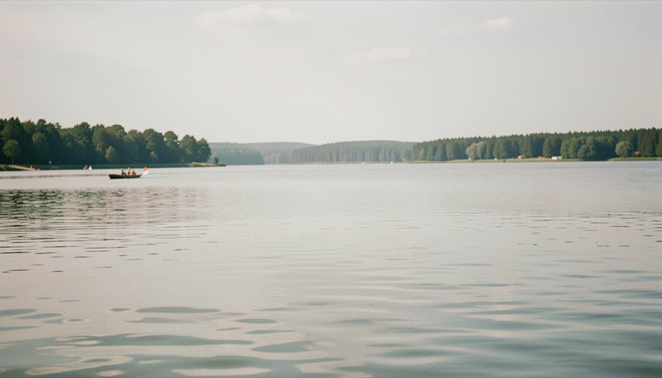 Widok regaty na jeziorsku: woda jako sąsiedztwo, z wyraźnym planem pierwszym, spokojnym światłem i krajobrazem bez napisów, znaków ani elementów interfejsu.
